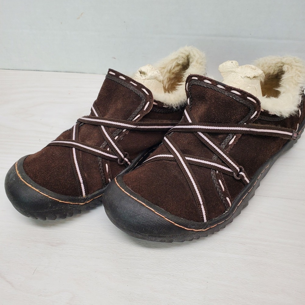 J-41 Brown Leather Faux Fur Minimalist Hiking Walking Shoes 8M Boho Hippie